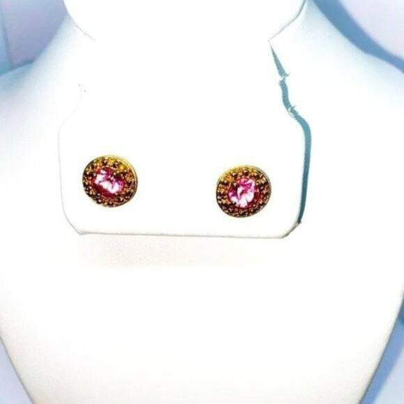Gold-Tone Pink Rhinestone Stud Earrings - Picture 1 of 4